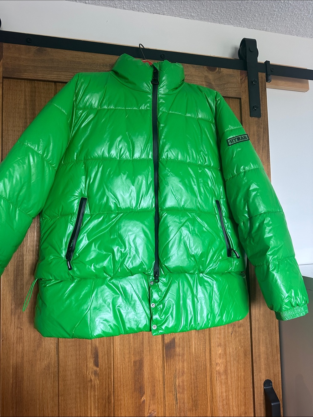 Vibrant Green Shiny Puffer Jacket with Zipper Pocket